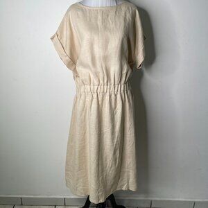 Beaumont Organic Women's Tan Cream Short Sleeve 100% Linen Midi Dress Size Large